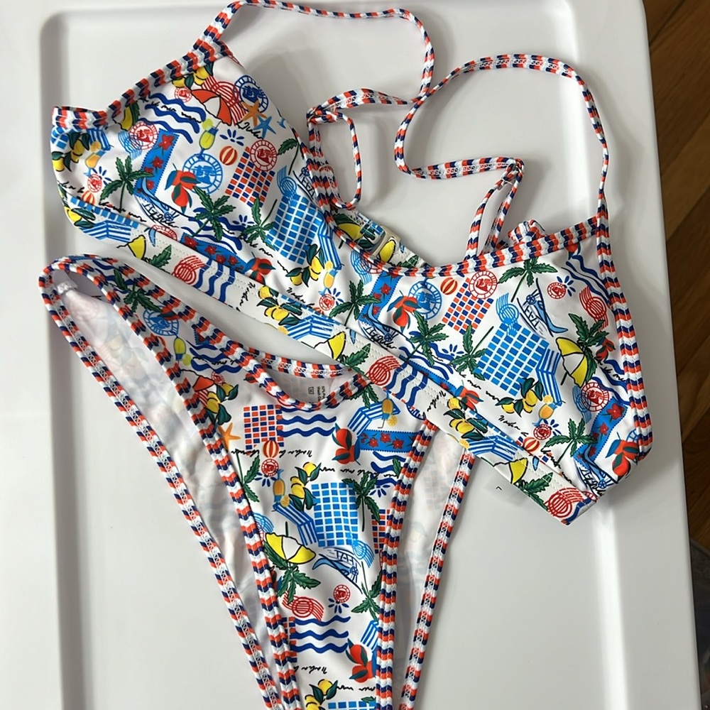 Vacation Print Contrast Binding High Cut Bikini Set - Picture 2 of 12